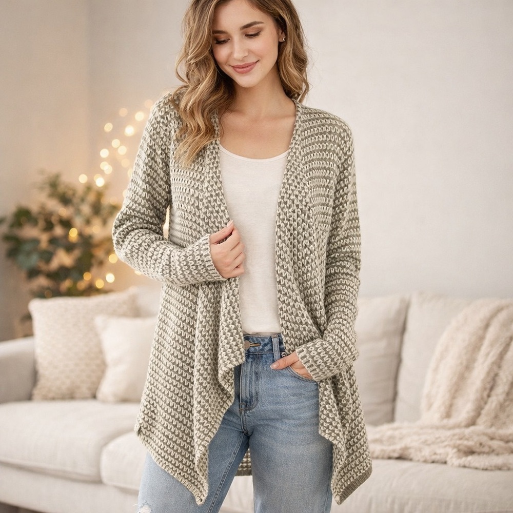 PAIGE Crochet Knit Waterfall Cardigan - White/Taupe Size Medium